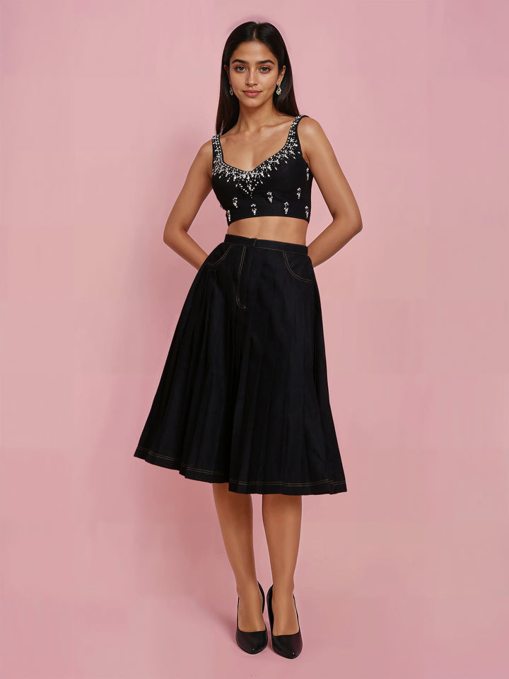 Hand Embroidered Black Denim Corset