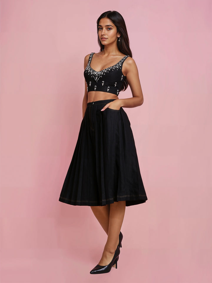 Hand Embroidered Black Denim Corset with Black Denim Skirt