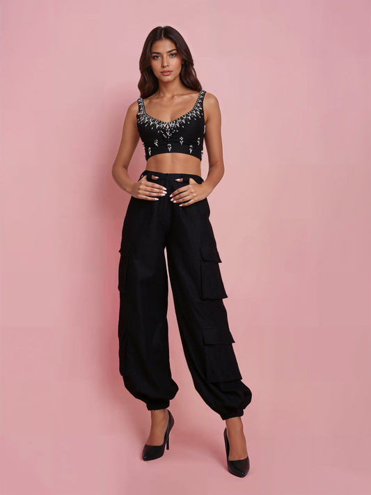 Hand Embroidered Black Denim Corset with Black Denim Cargo