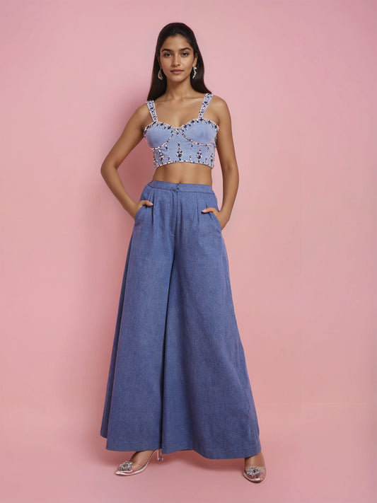Hand Embroidered Denim Corset With Blue Denim Pant
