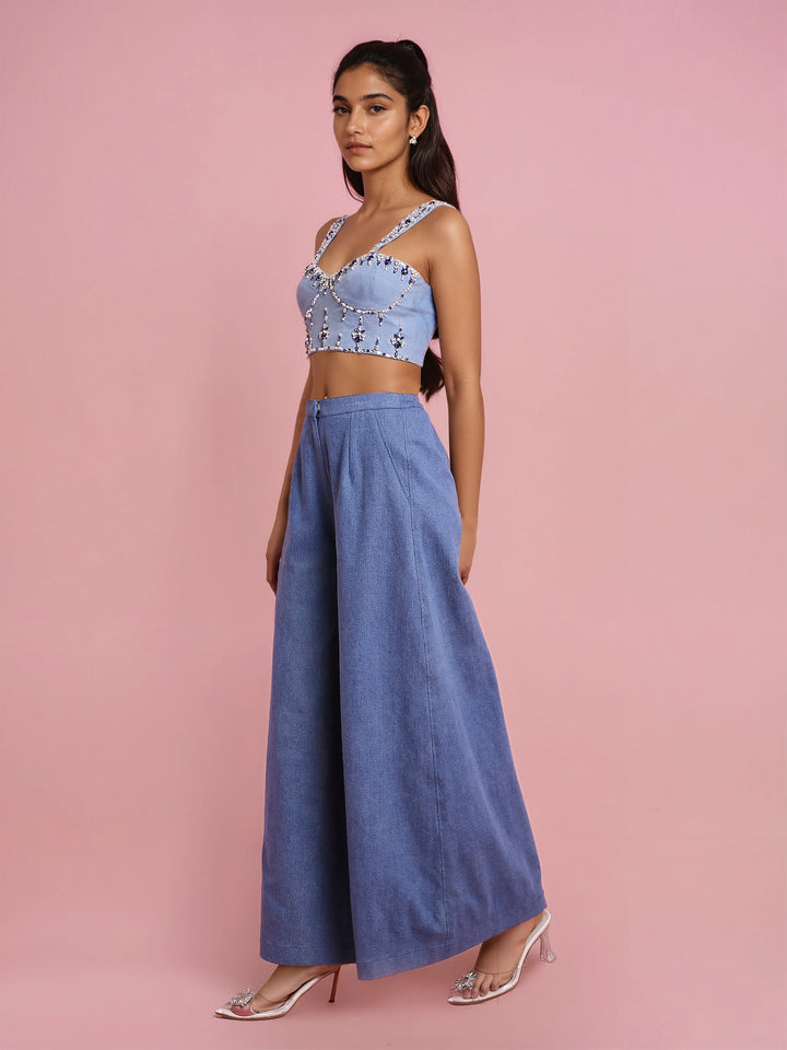 Hand Embroidered Denim Corset With Blue Denim Pant
