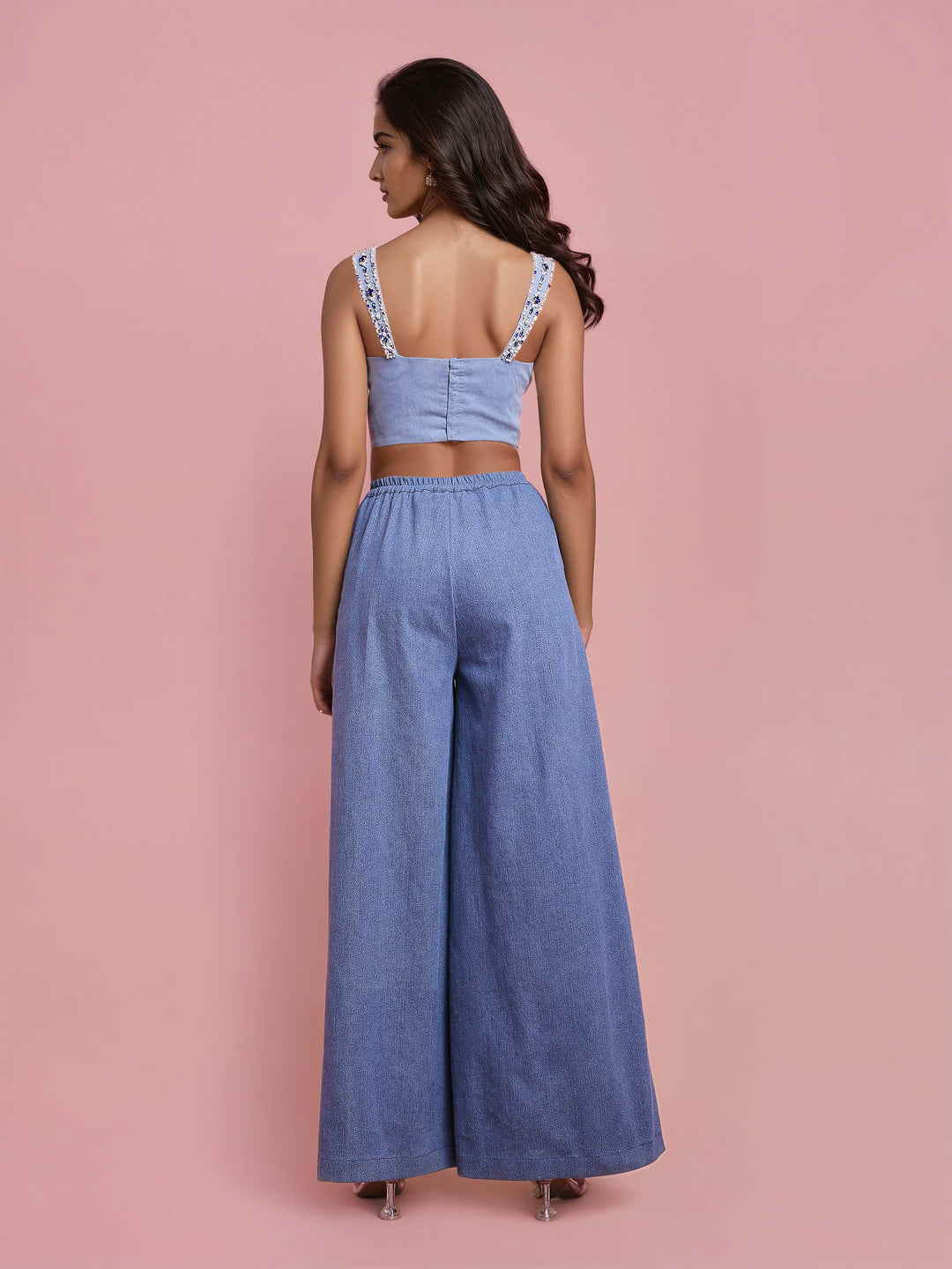 Hand Embroidered Denim Corset With Blue Denim Pant