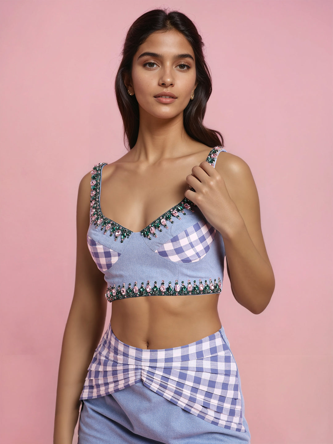 Hand Embroidered Denim Corset With Denim Mini skirt