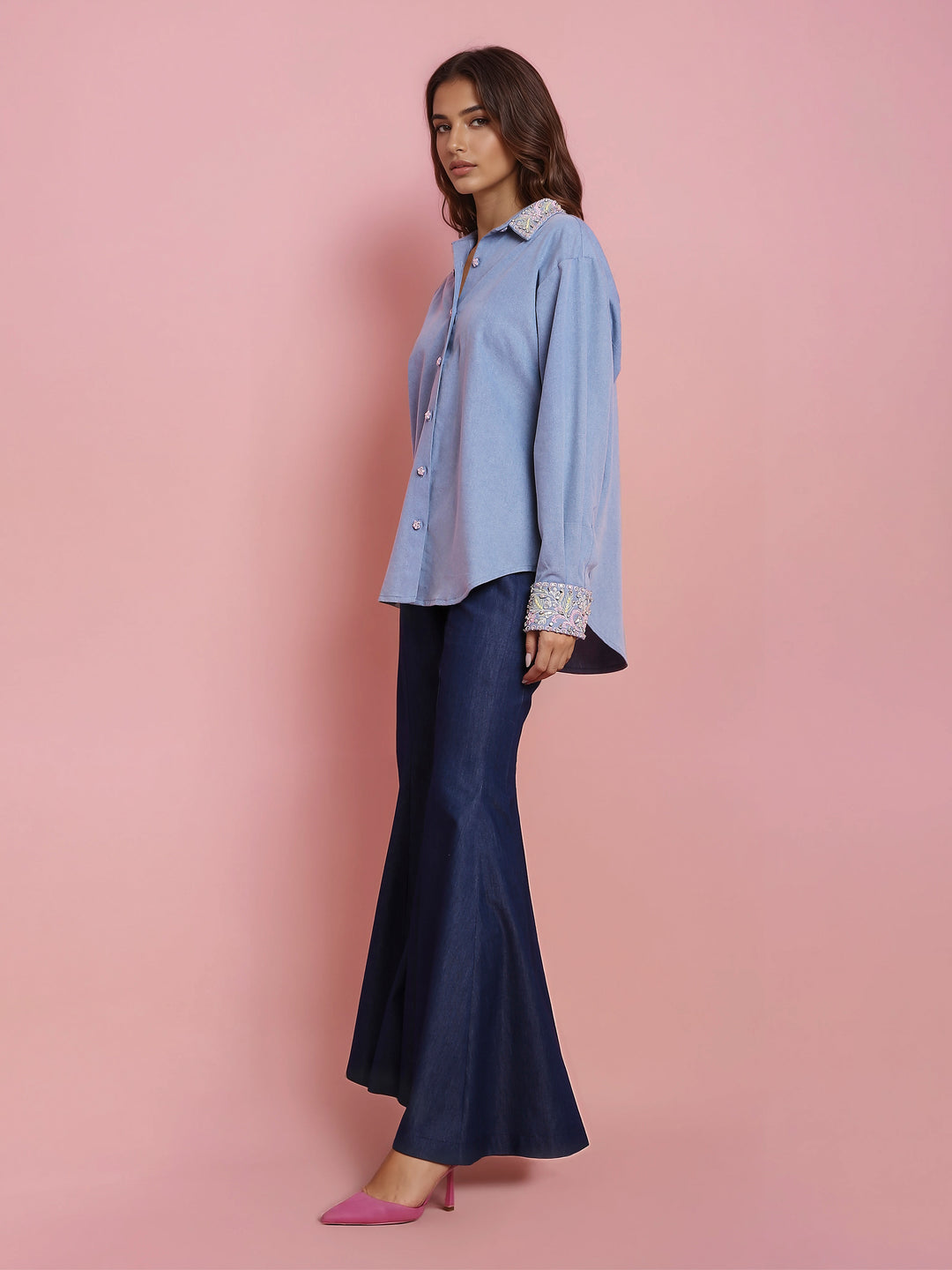 Hand Embroidered Denim Shirt with Sharara Denim Pant