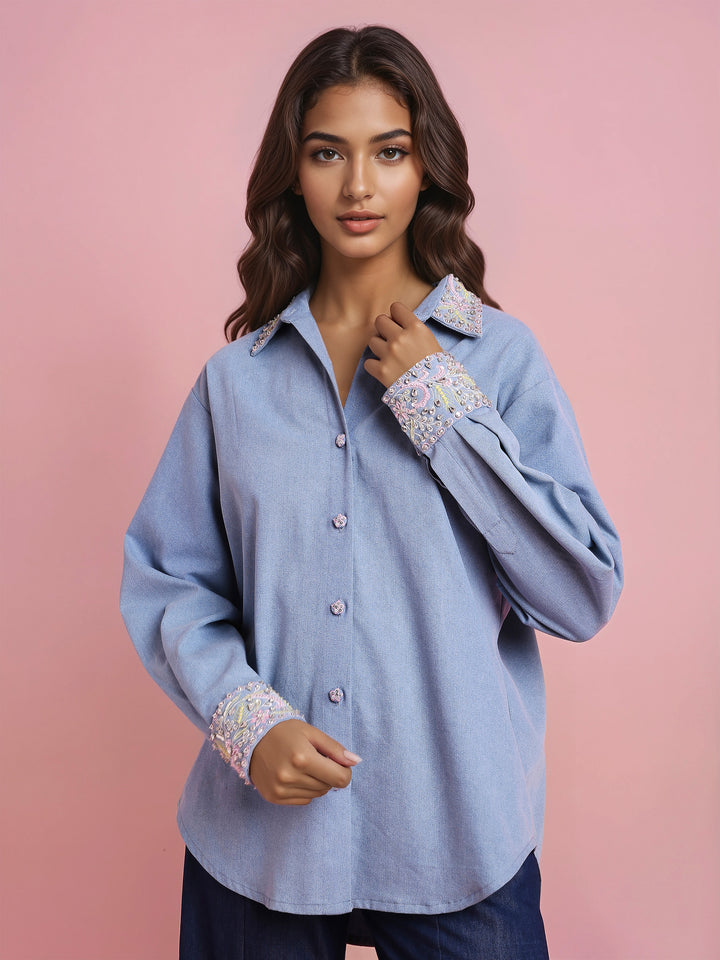 Hand Embroidered Denim Shirt with Sharara Denim Pant