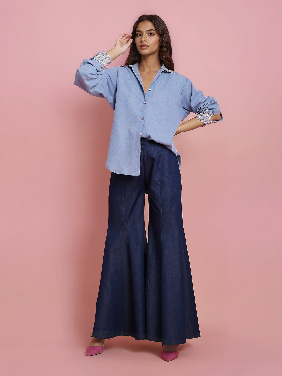 Hand Embroidered Denim Shirt with Sharara Denim Pant