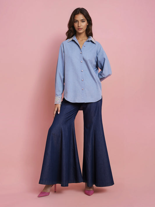 Hand Embroidered Denim Shirt with Sharara Denim Pant