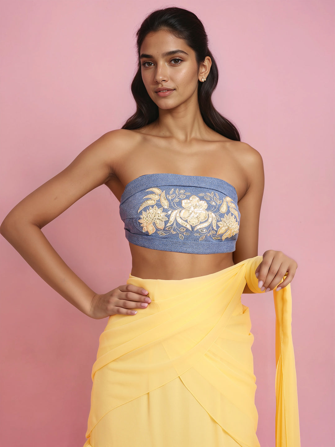 Hand Embroidered Denim Corset with Yellow two layered Georgette Drape Saree