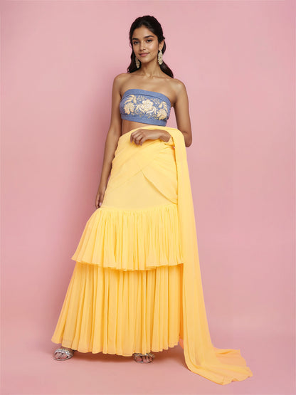 Yellow Two layered Georgette Drape Saree (Only Drape Saree)