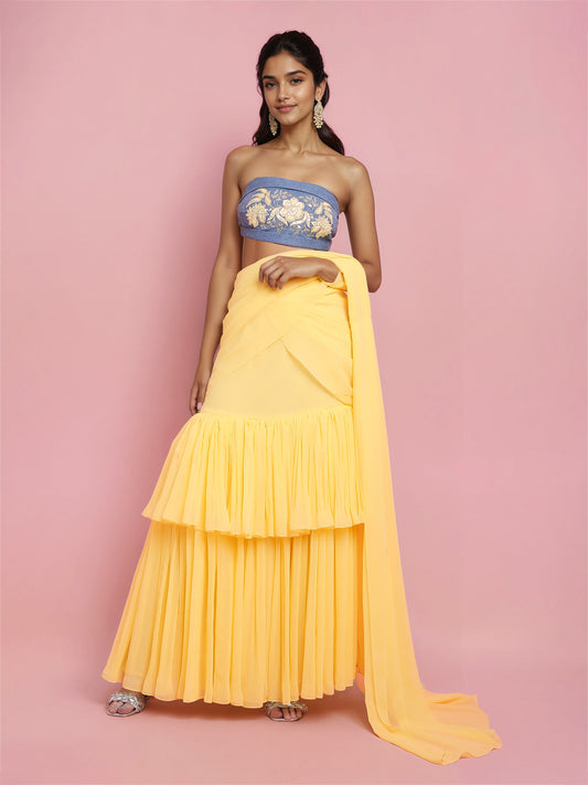 Yellow Two layered Georgette Drape Saree (Only Drape Saree)