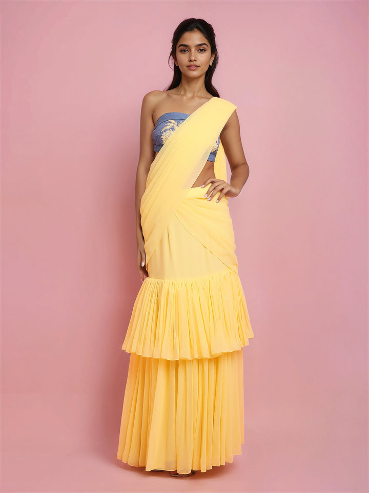 Hand Embroidered Denim Corset with Yellow two layered Georgette Drape Saree