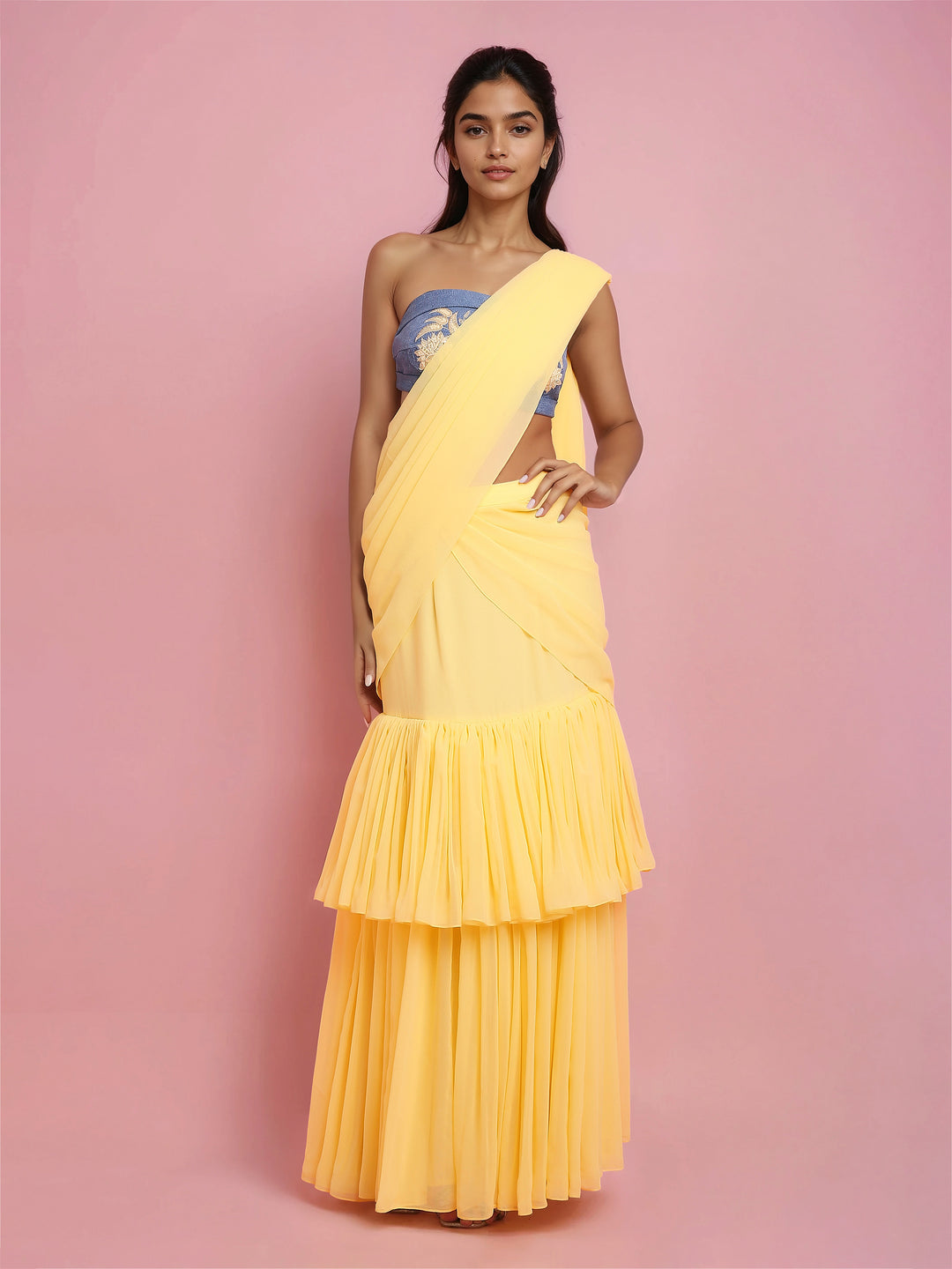 Yellow Two layered Georgette Drape Saree (Only Drape Saree)