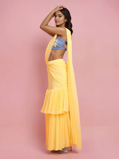 Hand Embroidered Denim Corset with Yellow two layered Georgette Drape Saree