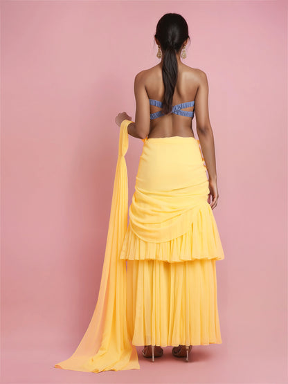 Hand Embroidered Denim Corset with Yellow two layered Georgette Drape Saree