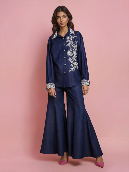 Hand Embroidered Denim Shirt with Sharara Denim Pant