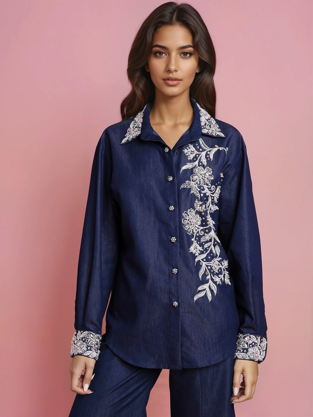 Hand Embroidered Denim Shirt with Sharara Denim Pant