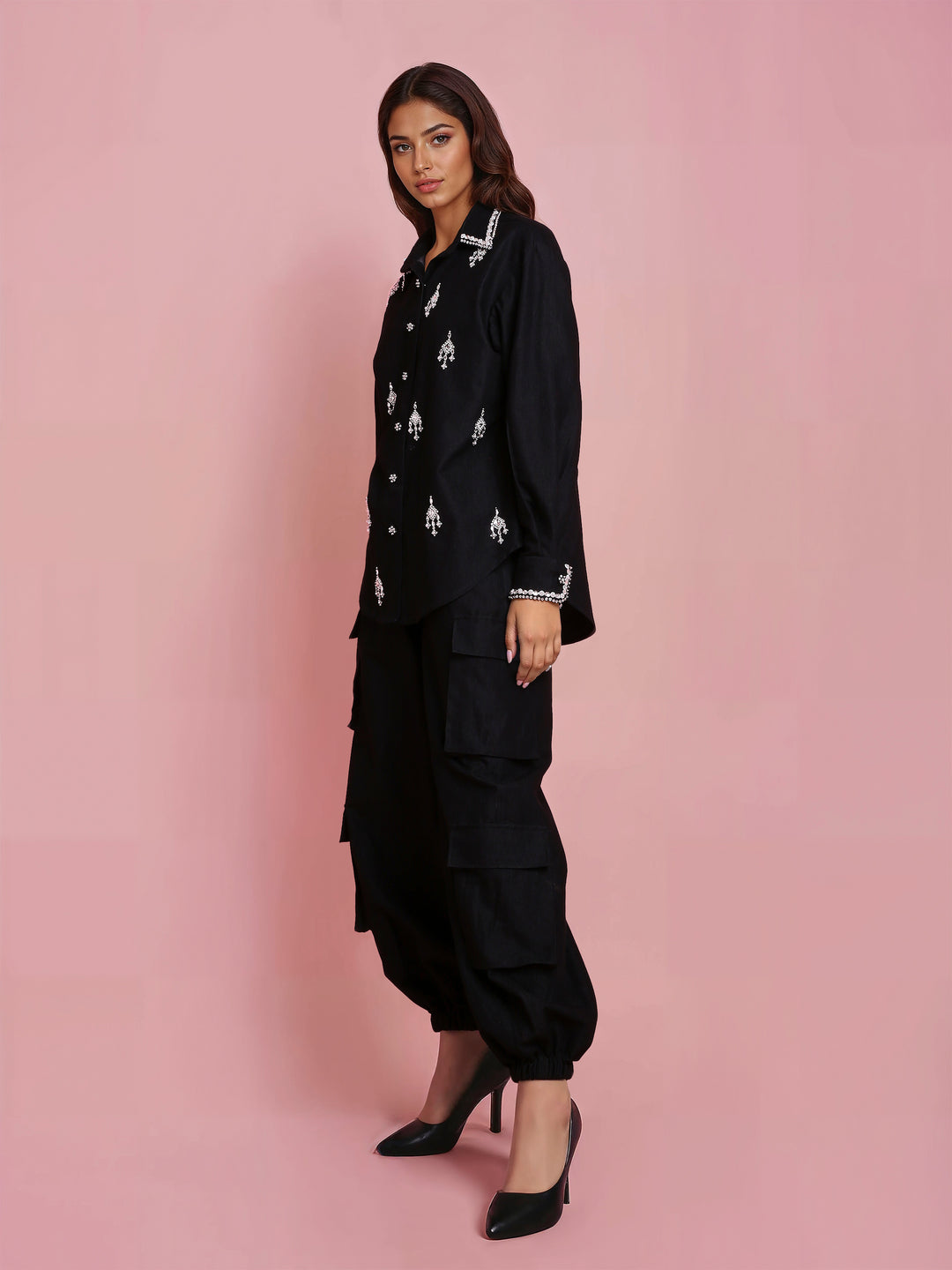 Hand Embroidered Black Denim Shirt with Black Cargo Pant