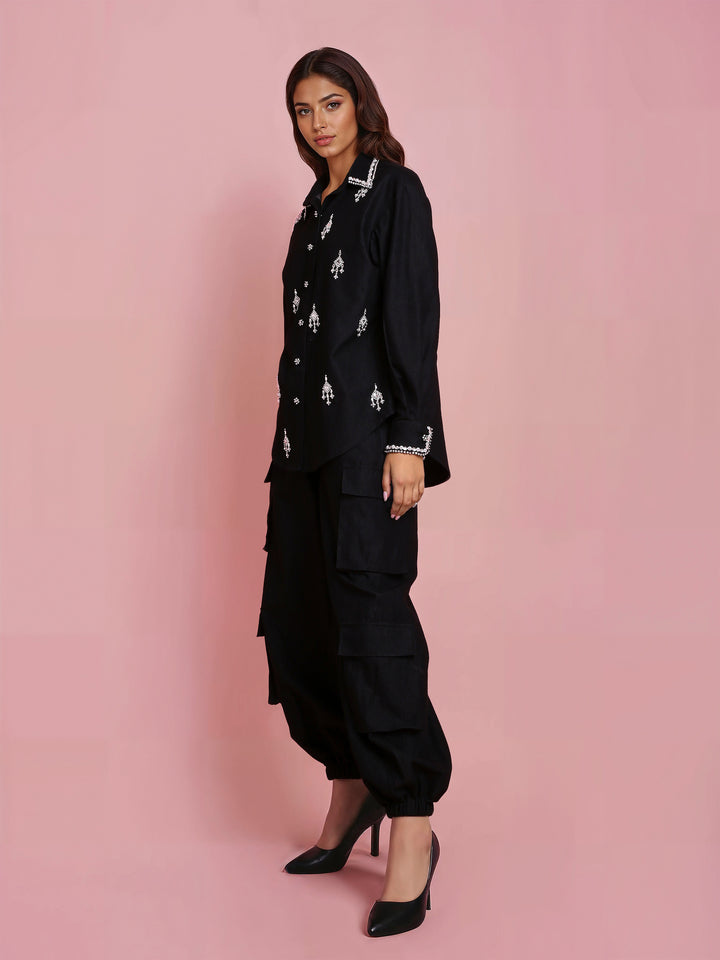 Hand Embroidered Black Denim Shirt with Black Cargo Pant