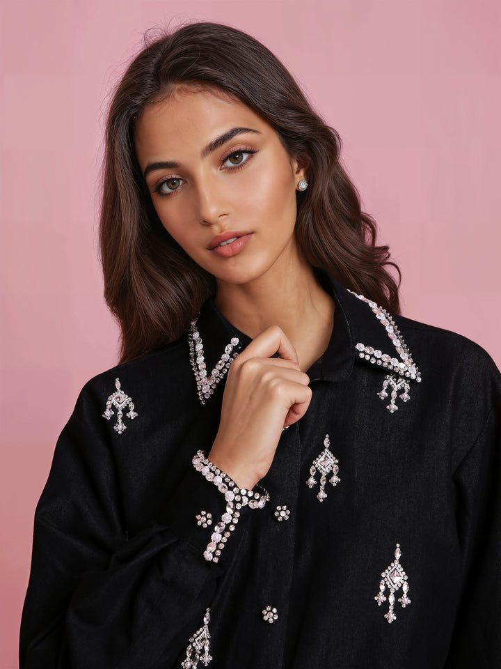 Hand Embroidered Black Denim Shirt with Black Cargo Pant
