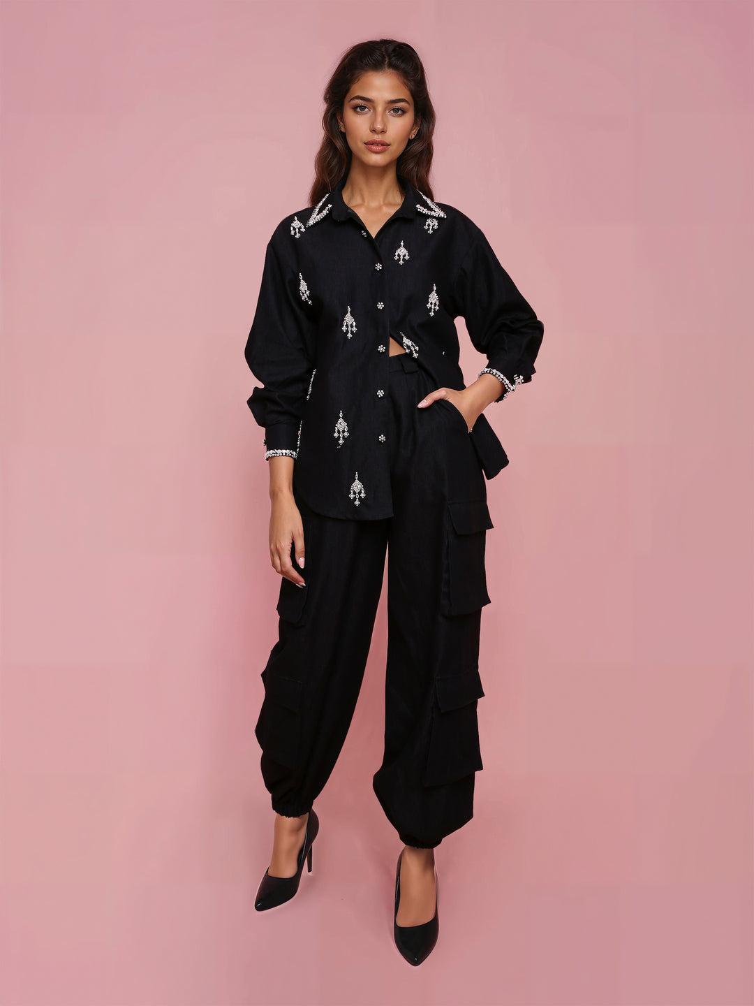 Hand Embroidered Black Denim Shirt with Black Cargo Pant