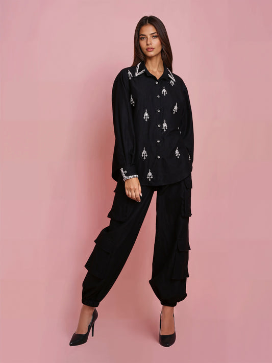 Hand Embroidered Black Denim Shirt with Black Cargo Pant