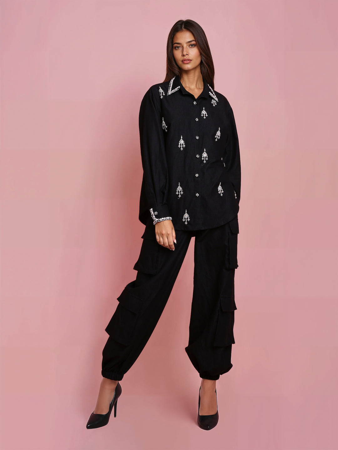 Hand Embroidered Black Denim Shirt