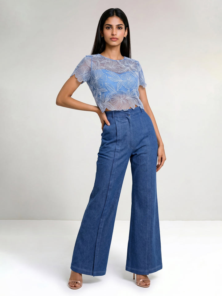 Beadwork Net Top with Tie-Up Back with Front Overlapping Denim Pant