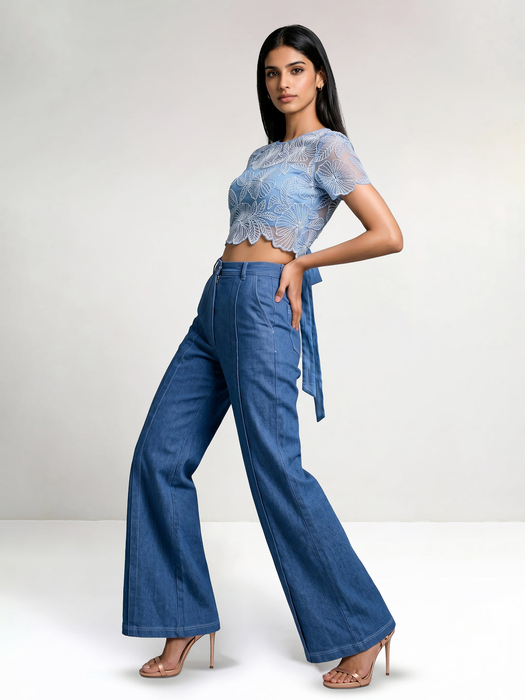 Beadwork Net Top with Tie-Up Back with Front Overlapping Denim Pant