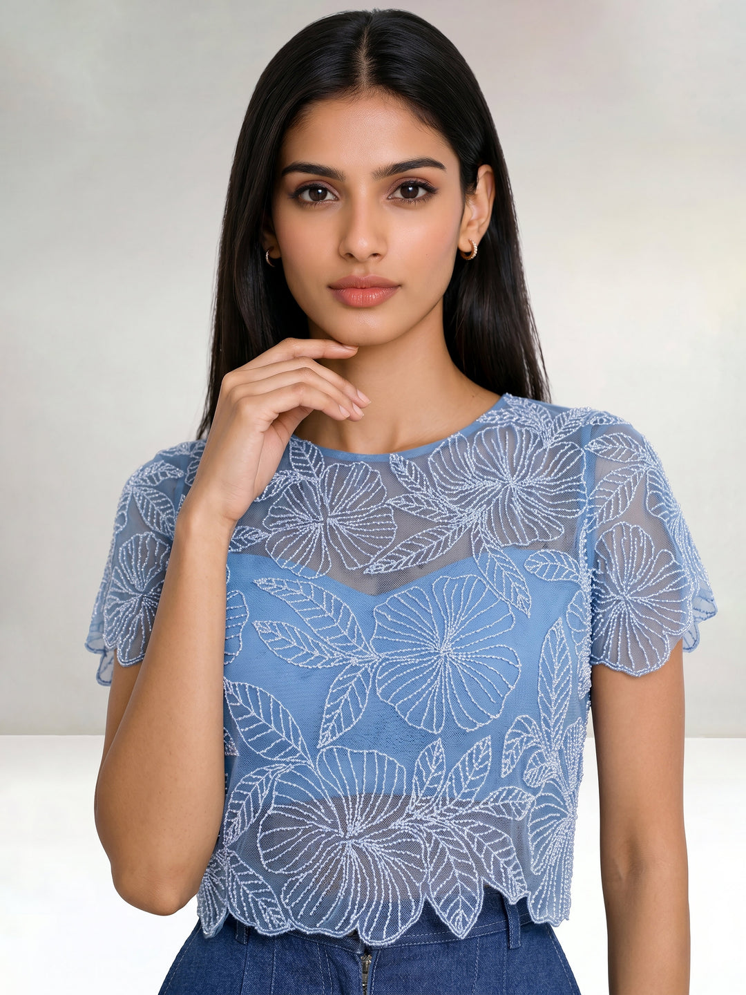 Beadwork Net Top with Tie-Up Back
