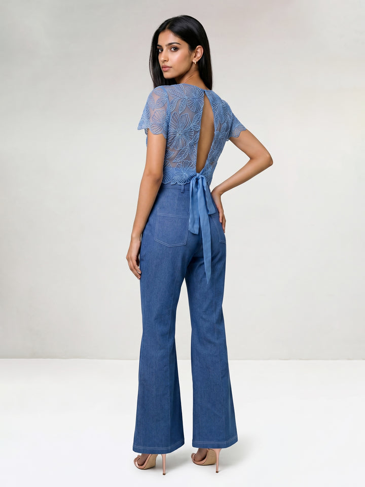 Beadwork Net Top with Tie-Up Back with Front Overlapping Denim Pant