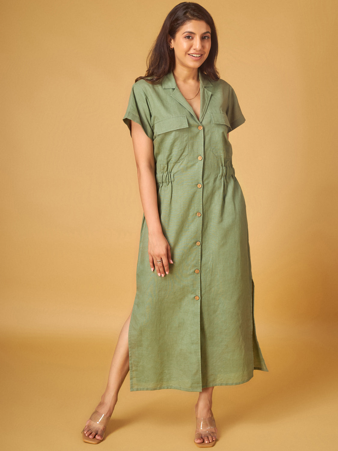 Green Bay Cotton Linen Knotch Lapel Shirt Dress