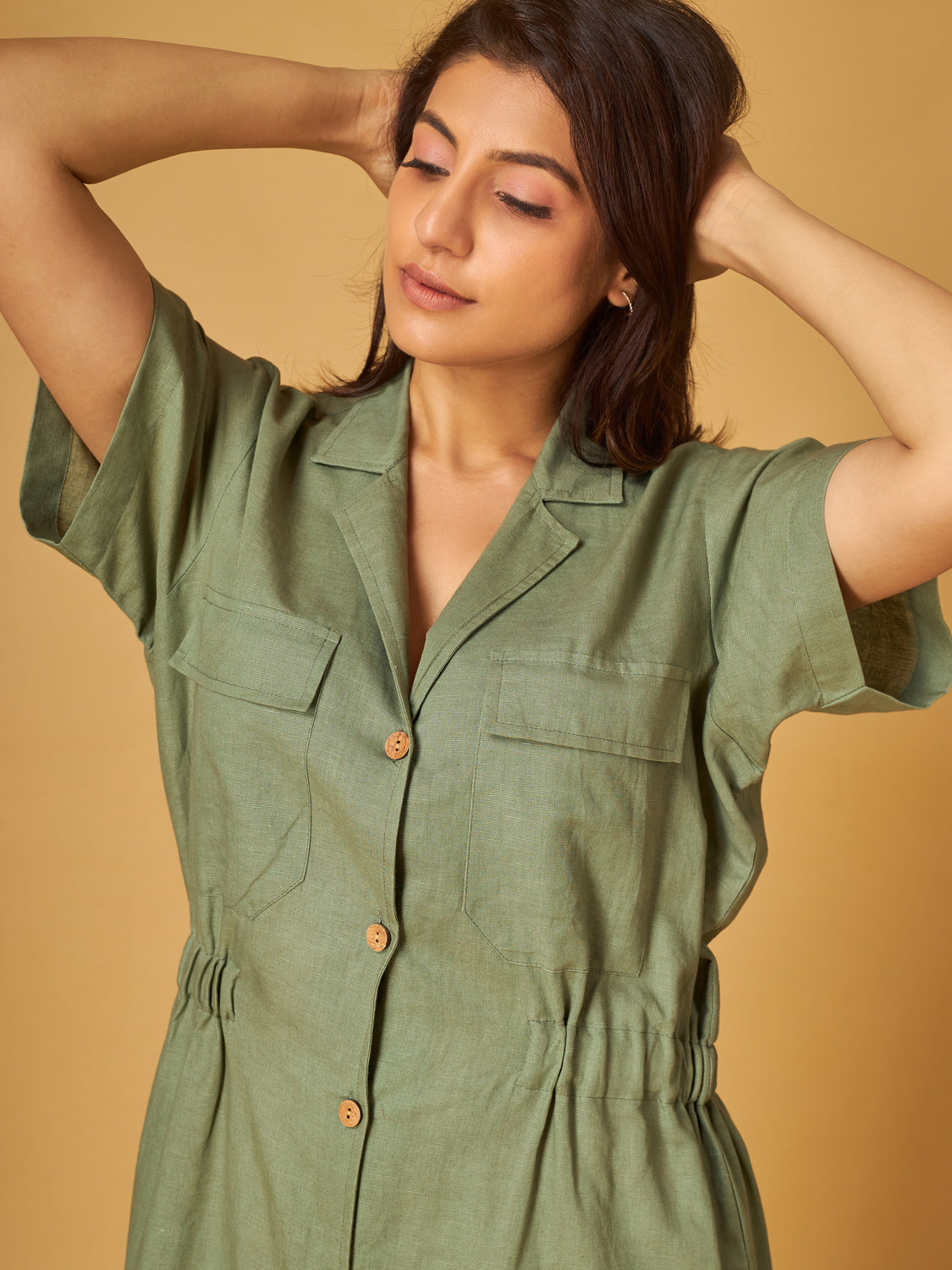 Green Bay Cotton Linen Knotch Lapel Shirt Dress