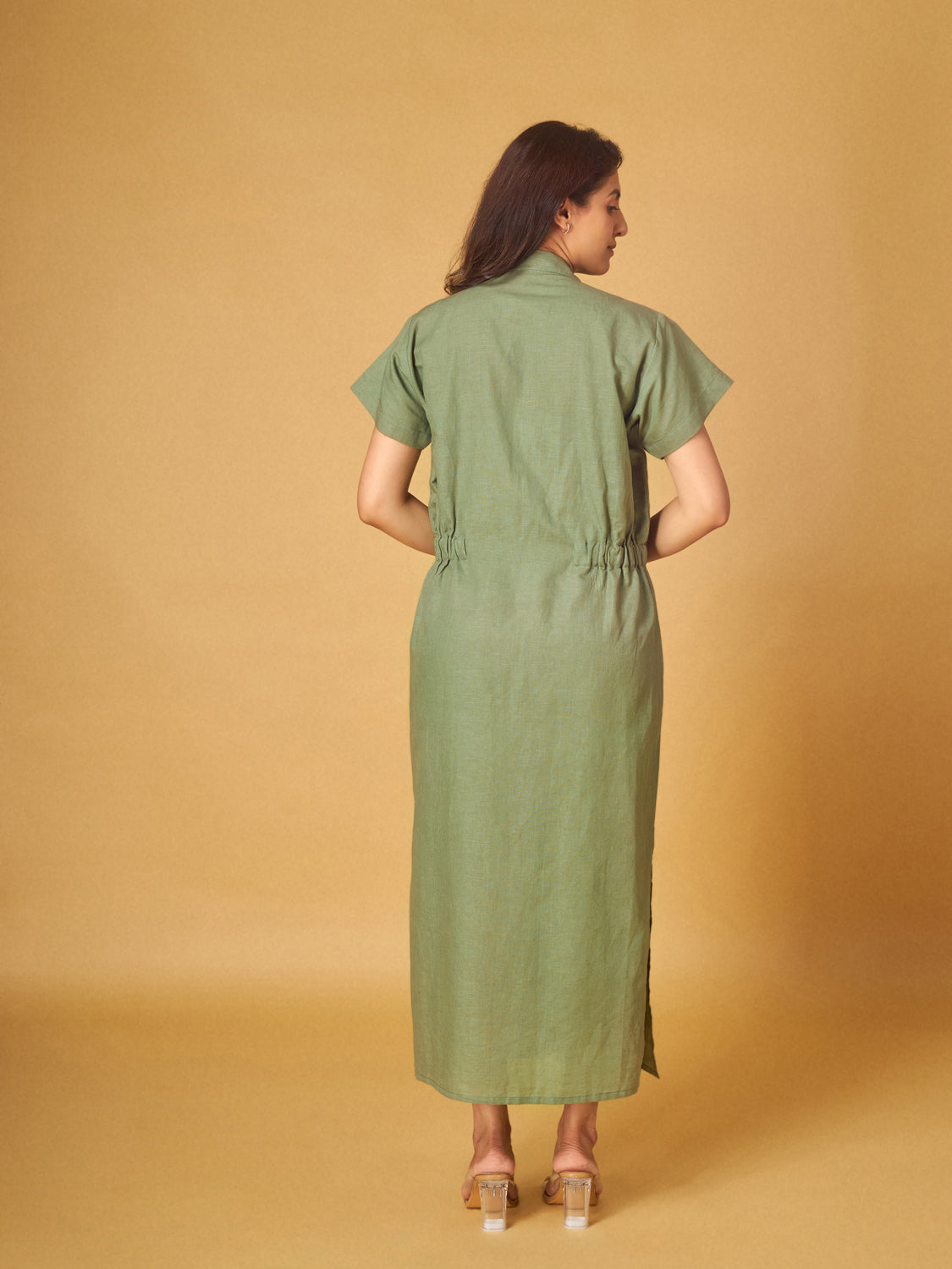 Green Bay Cotton Linen Knotch Lapel Shirt Dress