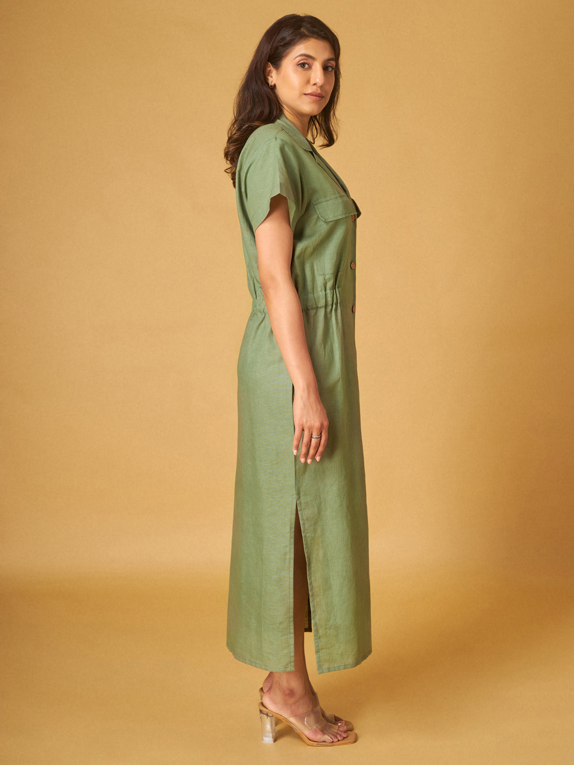Green Bay Cotton Linen Knotch Lapel Shirt Dress