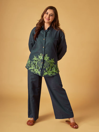 Navy Blue Linen Embroidered Co-Ord Set