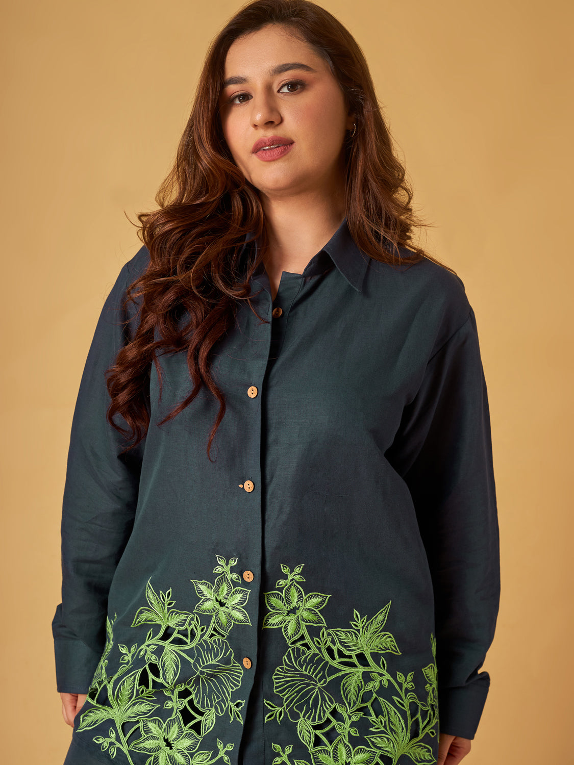 Navy Blue Linen Embroidered Co-Ord Set