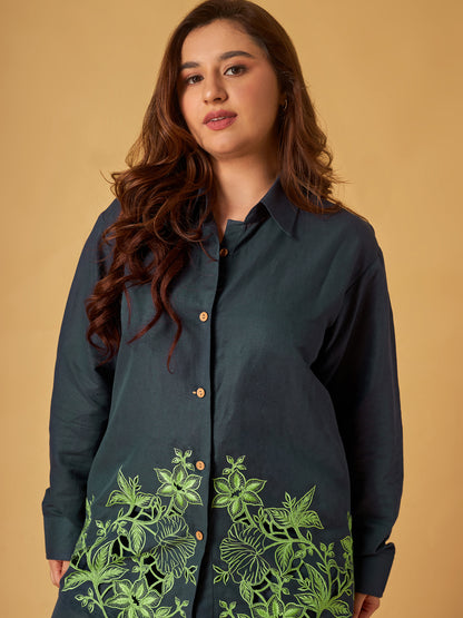 Navy Blue Linen Embroidered Co-Ord Set