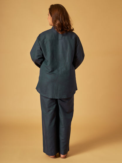 Navy Blue Linen Embroidered Co-Ord Set