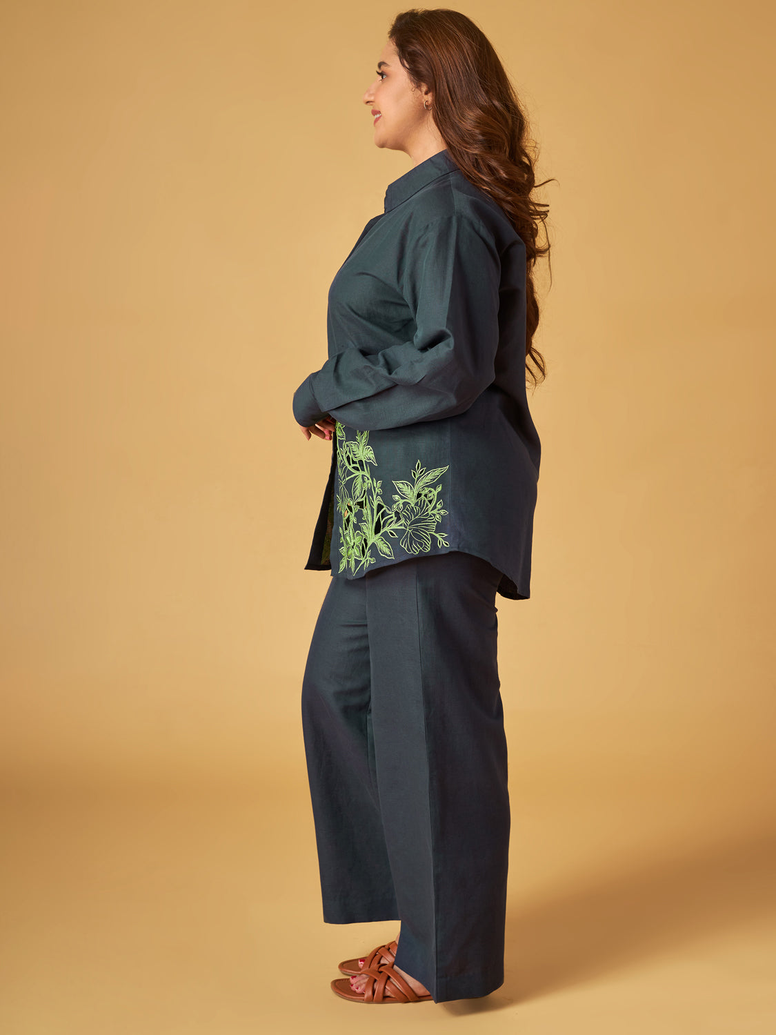 Navy Blue Linen Embroidered Co-Ord Set