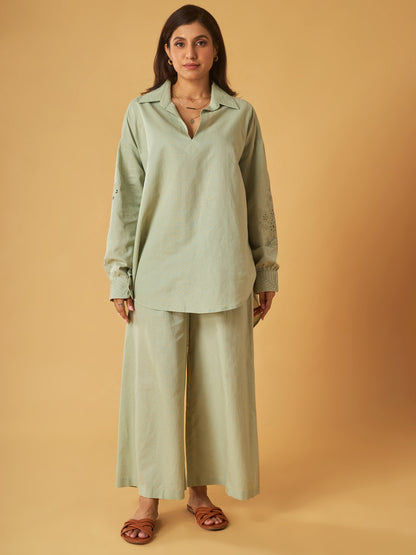 Sage Green Linen Embroidered Co-Ord Set