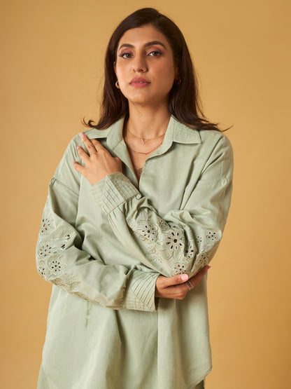Sage Green Linen Embroidered Co-Ord Set