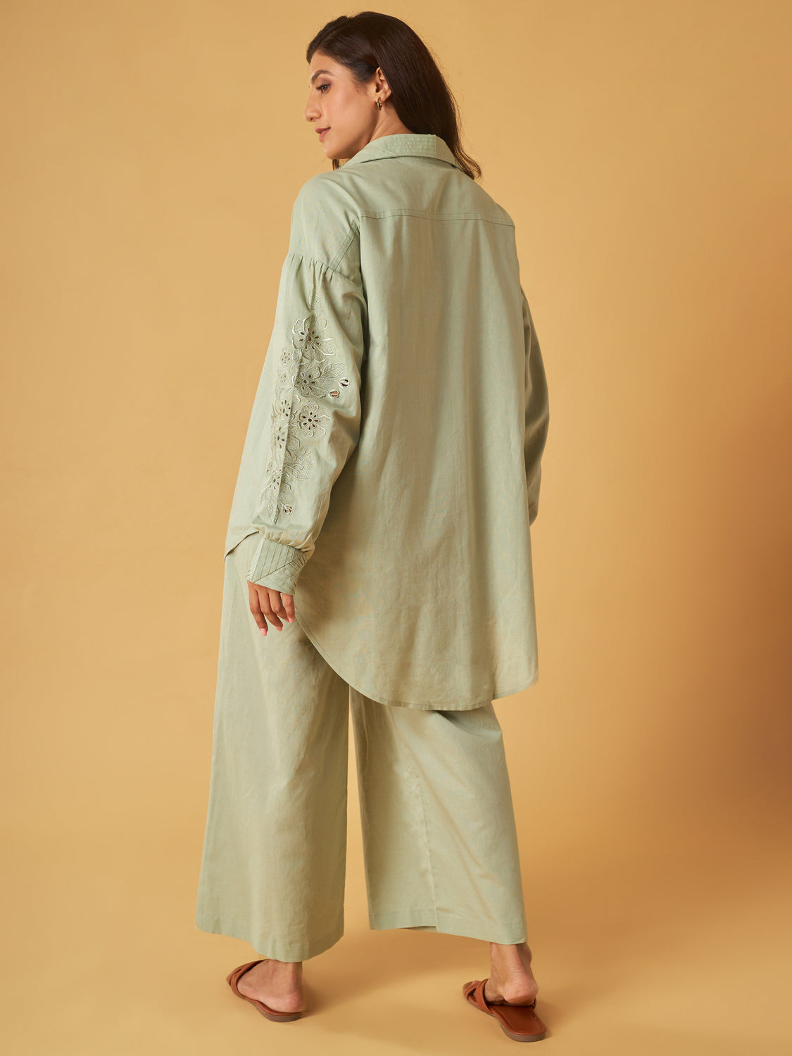 Sage Green Linen Embroidered Co-Ord Set