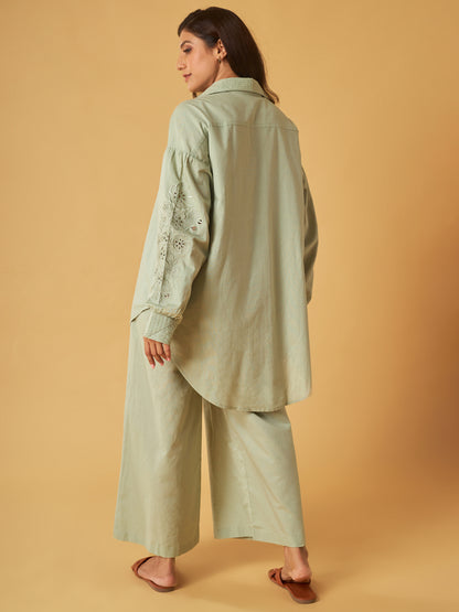 Sage Green Linen Embroidered Co-Ord Set