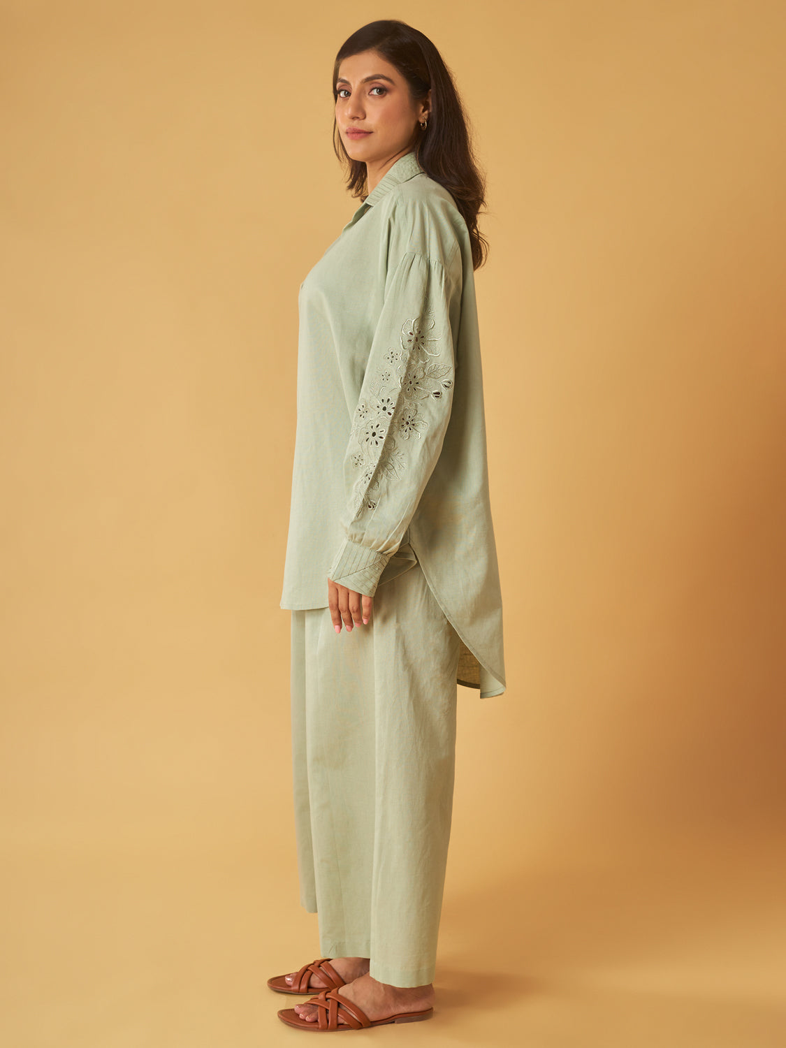 Sage Green Linen Embroidered Co-Ord Set