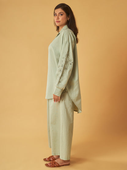 Sage Green Linen Embroidered Co-Ord Set