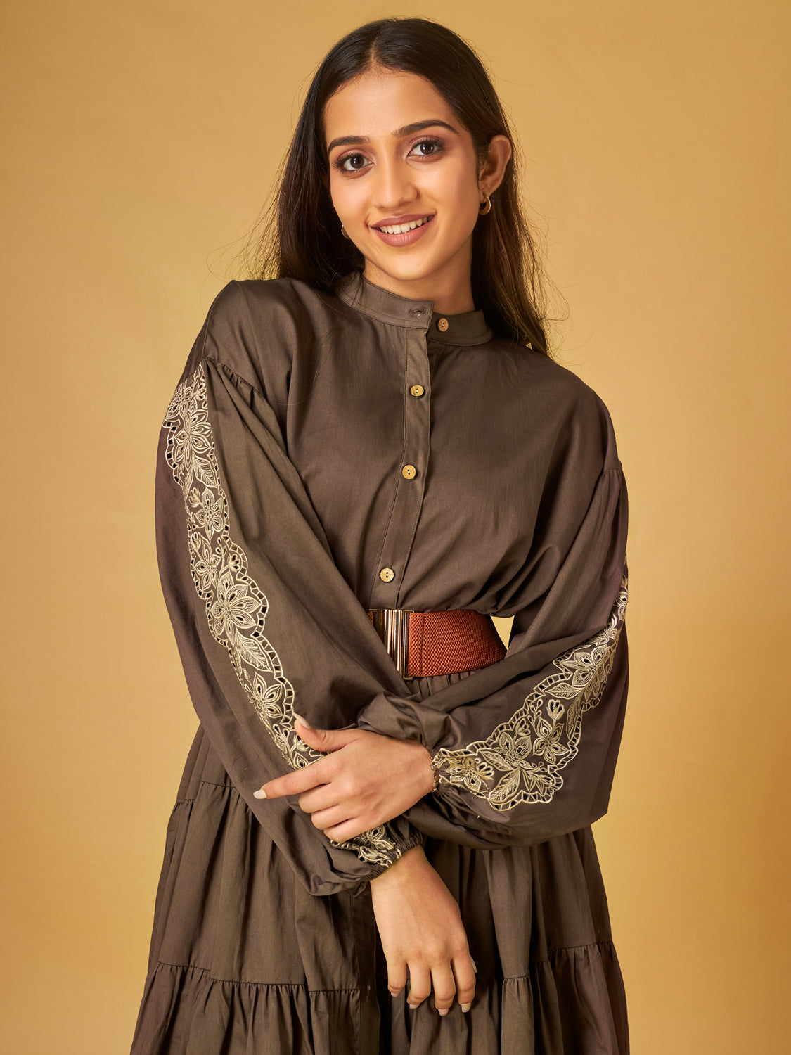 Brown Embroidered Cotton Tiered Cutwork Dress