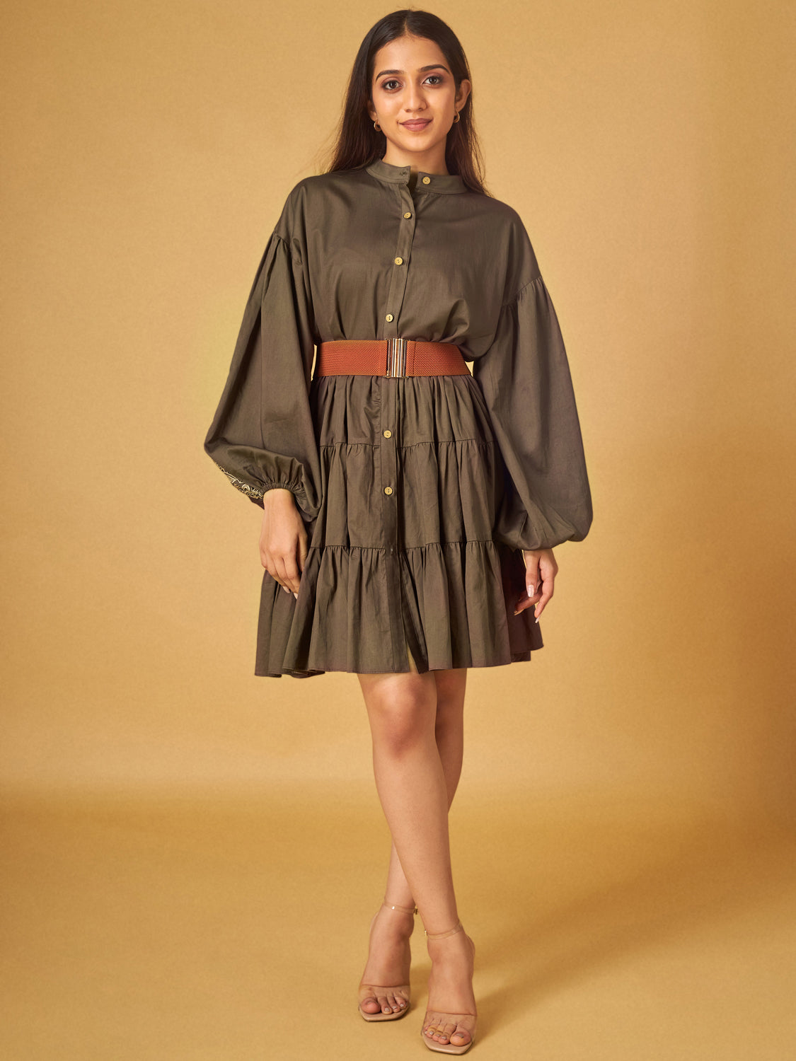 Brown Embroidered Cotton Tiered Cutwork Dress