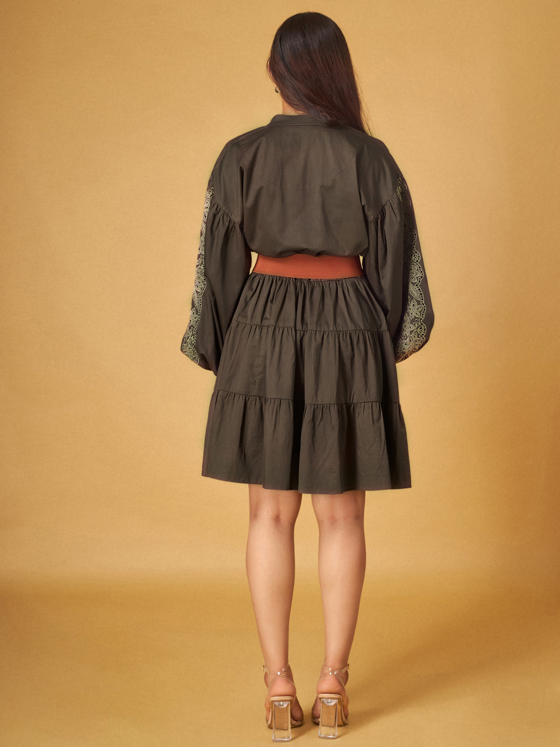 Brown Embroidered Cotton Tiered Cutwork Dress