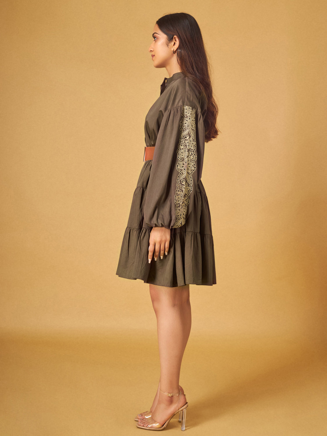 Brown Embroidered Cotton Tiered Cutwork Dress