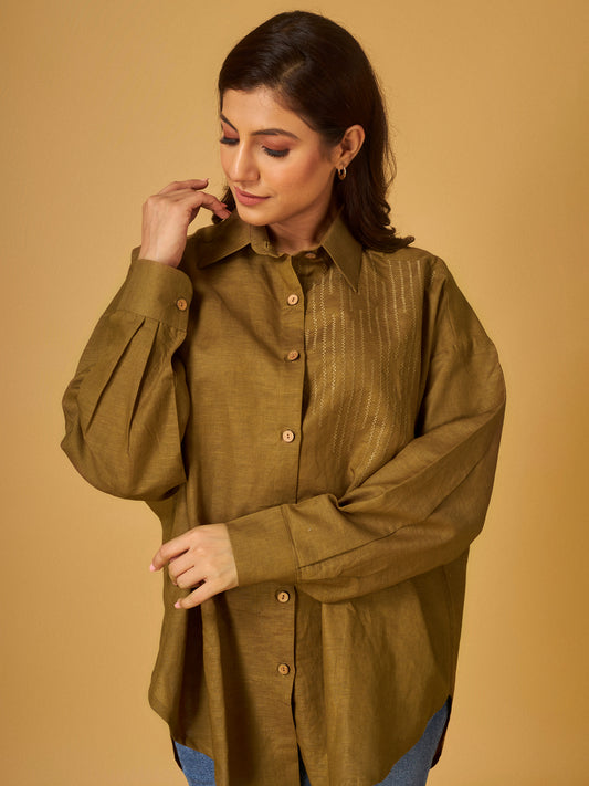 Cumin Cotton Linen Brown Embroidered Shirt